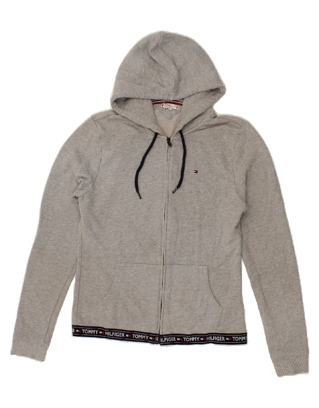 TOMMY HILFIGER Womens Graphic Zip Hoodie Sweater UK 14 Large Grey Cotton Glossy Satin Silk TOMMY HILFIGER Womens Graphic Zip Hoodie Sweater UK 14 Large Grey Cotton Glossy Satin Silk