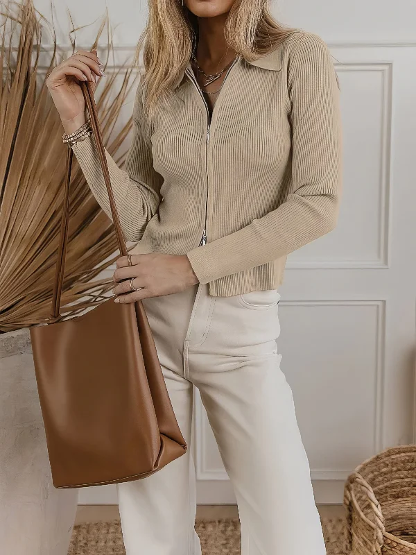 Trendy Zip-Up Knit Sweater Print Jacquard Patchwork