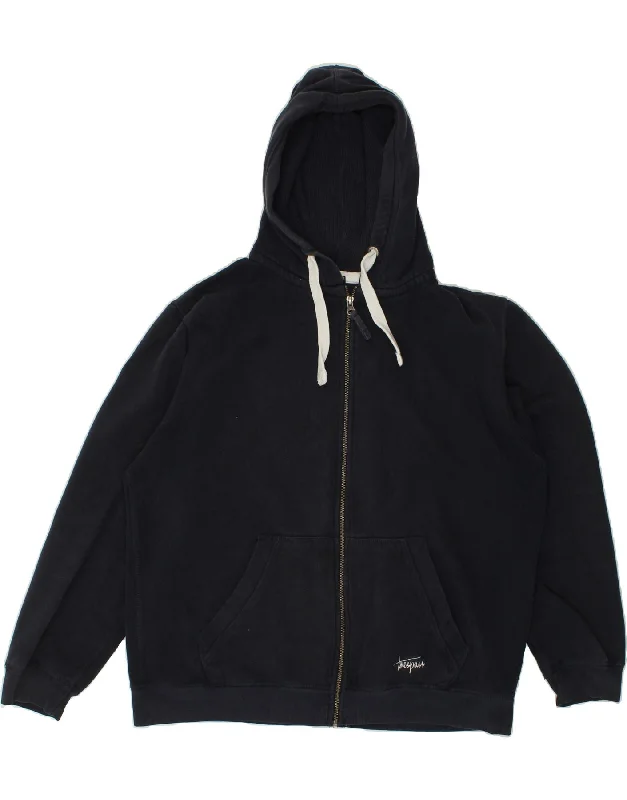TRESPASS Mens Zip Hoodie Sweater Large Navy Blue Cotton Toggled Drawstring Belted