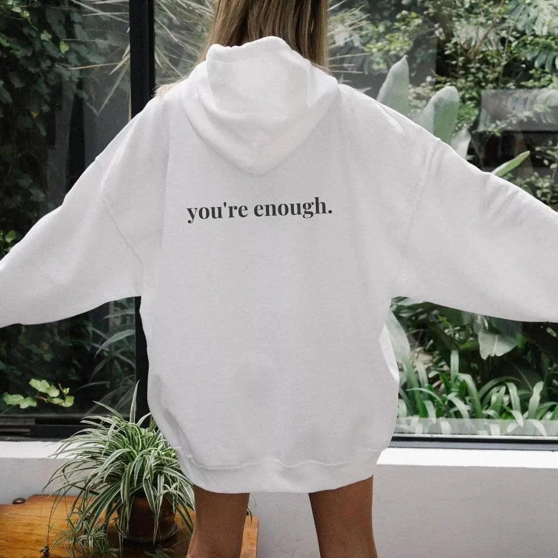 You're Enough Printed Back Casual Hooded Pocket Sweater Front Pockets Side Pockets Patch Pockets You're Enough Printed Back Casual Hooded Pocket Sweater Front Pockets Side Pockets Patch Pockets