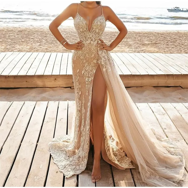 2024Sleeveless V-Neck Slit Lace Cutout Long Dress Tunics Leisure comfortable