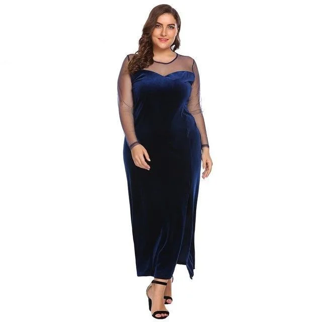 ANALUKE Sheer Mesh Split Velvet Slim Fit Long Dress Tunics Solid Classic