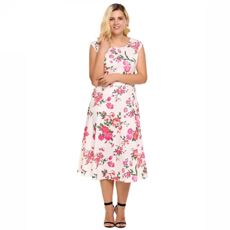 ANALUKE Solid O Neck Flare Long Dress Tunics Plaid country