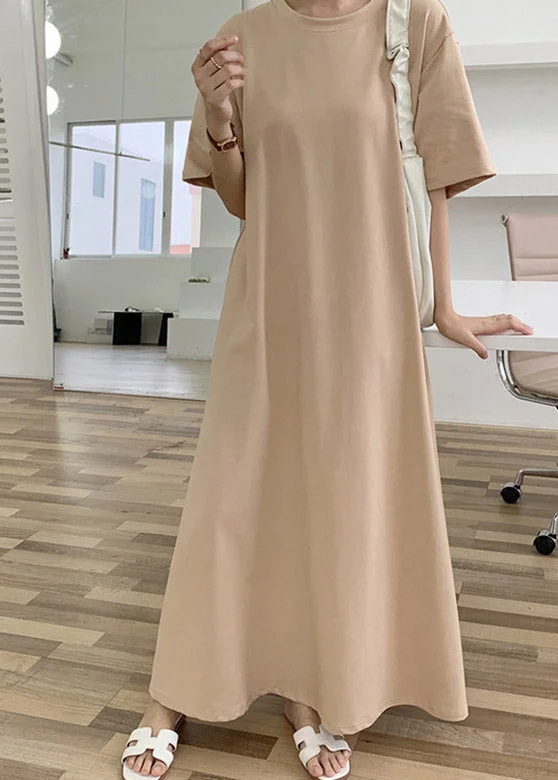 Apricot O-Neck Cozy Cotton Long Dresses Short Sleeve Tunics Designer luxury