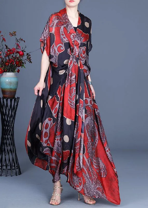Art Red Dot Print Silk Two Pieces Set Summer long Dress Maxi Flowy Bohemian