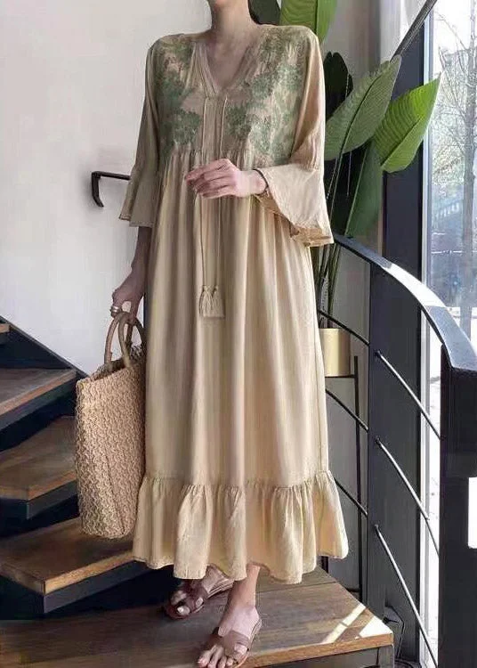 Beautiful Apricot V Neck Embroideried Ruffled Tassel Tie Waist Long Dresses Flare Sleeve Tunics Stylish elegant Beautiful Apricot V Neck Embroideried Ruffled Tassel Tie Waist Long Dresses Flare Sleeve Tunics Stylish elegant
