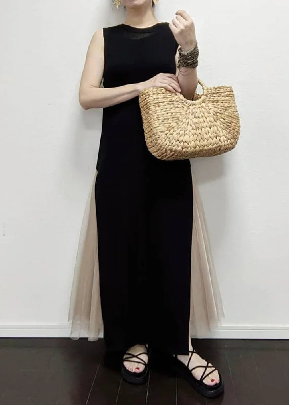 Beautiful Black O Neck Patchwork Tulle Long Dress Sleeveless Tunics Mesh breathable