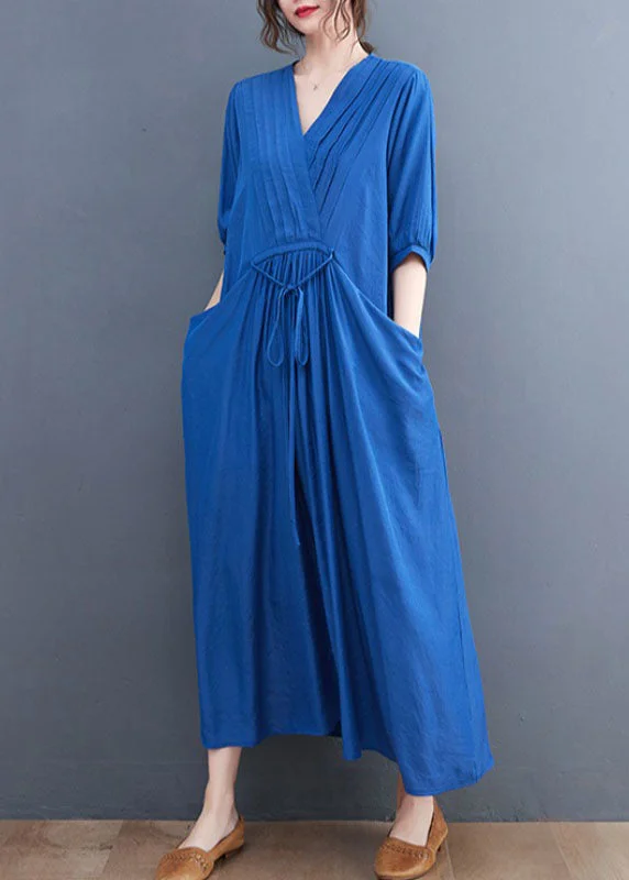 Beautiful Solid Blue Wrinkled V Neck Tie Waist Cotton Long Dress Short Sleeve Tunics Stylish elegant Beautiful Solid Blue Wrinkled V Neck Tie Waist Cotton Long Dress Short Sleeve Tunics Stylish elegant