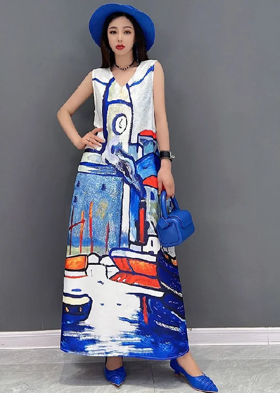 Beautiful White V Neck Graphic Print Chiffon A Line Long Dress Sleeveless Tunics Chic elegant Beautiful White V Neck Graphic Print Chiffon A Line Long Dress Sleeveless Tunics Chic elegant