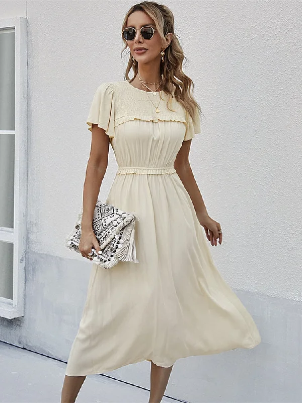 Sweet Solid Dress Women Puff Short Sleeve O Neck High Waist Casual Long Dresses Tunics Floral girly Sweet Solid Dress Women Puff Short Sleeve O Neck High Waist Casual Long Dresses Tunics Floral girly