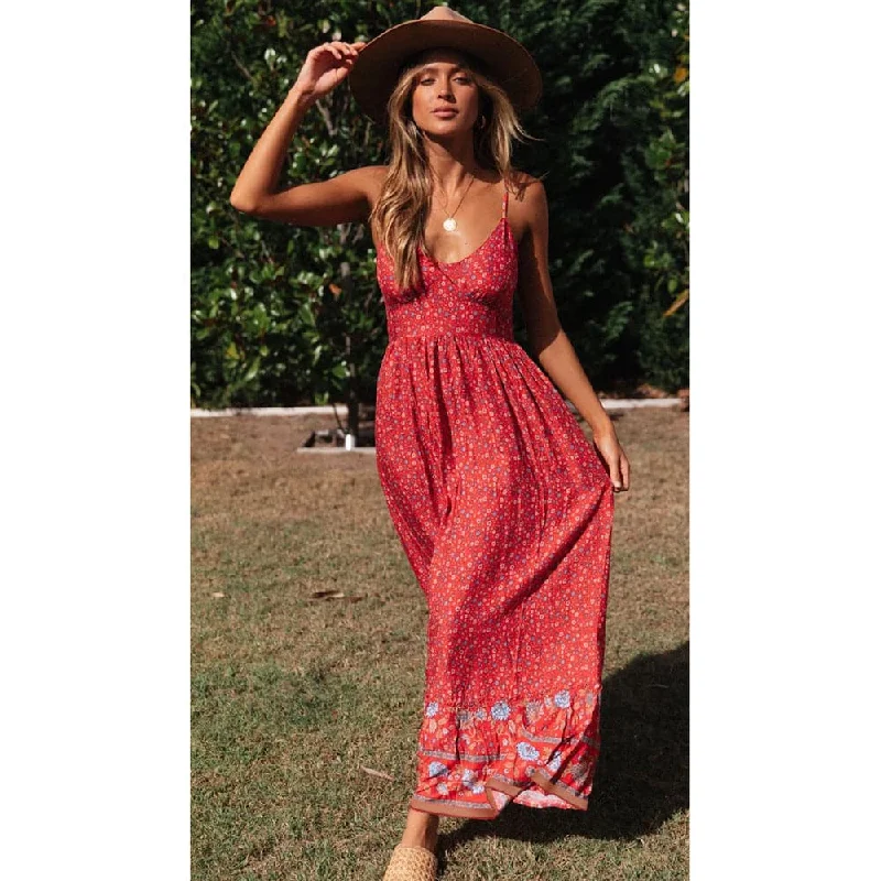 Summer Women Sexy V Neck Floral Print Bohemia Long Dress Tunics Vintage classic