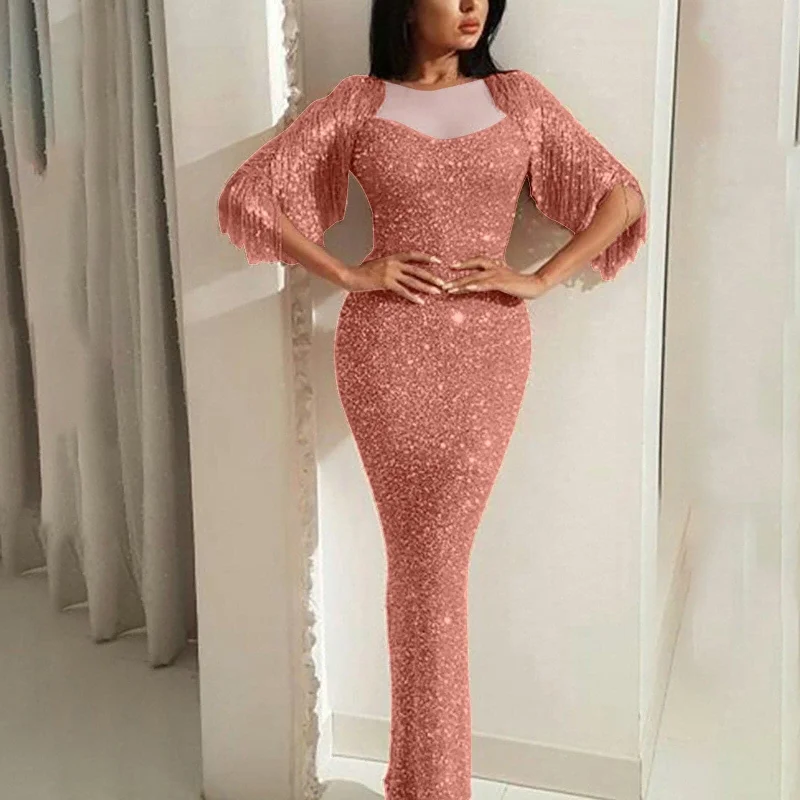 Ladies V-neck long-sleeved tassel dinner dress bag hip dress dress long dresses evening Tunics Review highly
