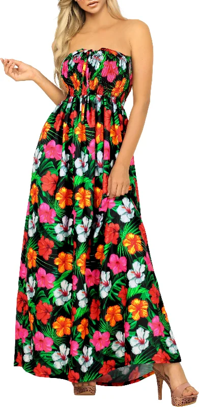 Black Allover Multi-Color Tropical Floral Print Strapless Long Dress Tunics Canvas sturdy Black Allover Multi-Color Tropical Floral Print Strapless Long Dress Tunics Canvas sturdy