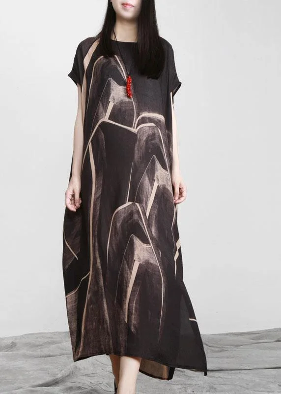 Black Chocolate Print Asymmetric Long Dresses O Neck Tunics Cozy soft