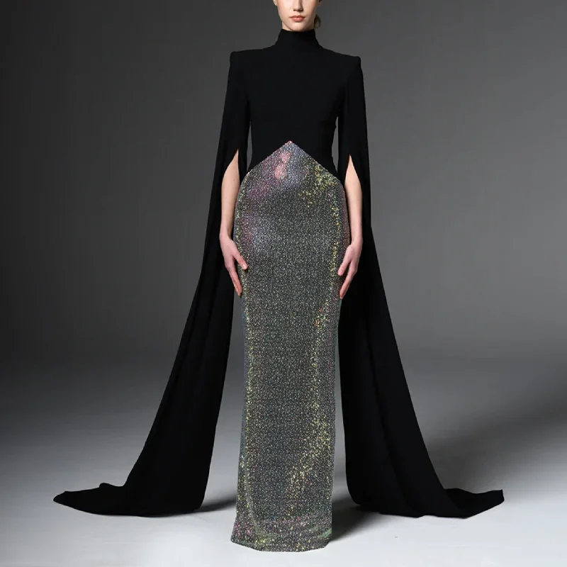 Black Crepe Dress With Cape Sleeves empire Waist empire