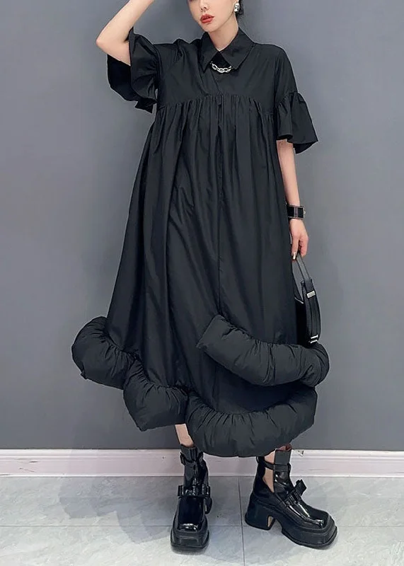 Black Patchwork Cotton Long Dresses Peter Pan Collar Wrinkled Summer Tunics Fall fleece Black Patchwork Cotton Long Dresses Peter Pan Collar Wrinkled Summer Tunics Fall fleece