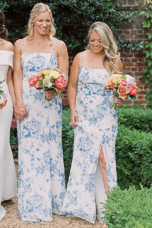 Blue Print Spaghetti Strap Long Dress with Slit Tunics Winter warm