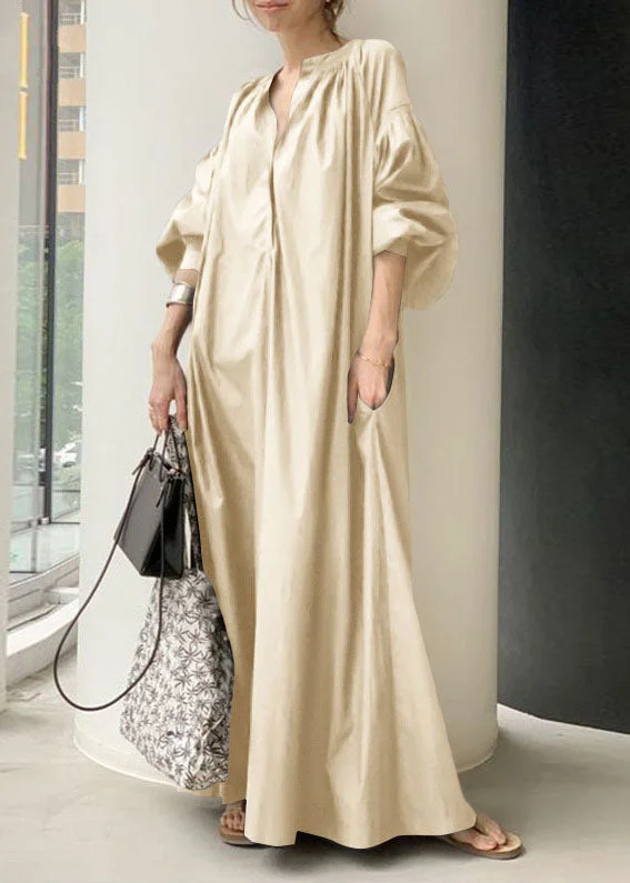 Bohemian Apricot V Neck Oversized Long Dresses Lantern Sleeve Tunics Summer linen
