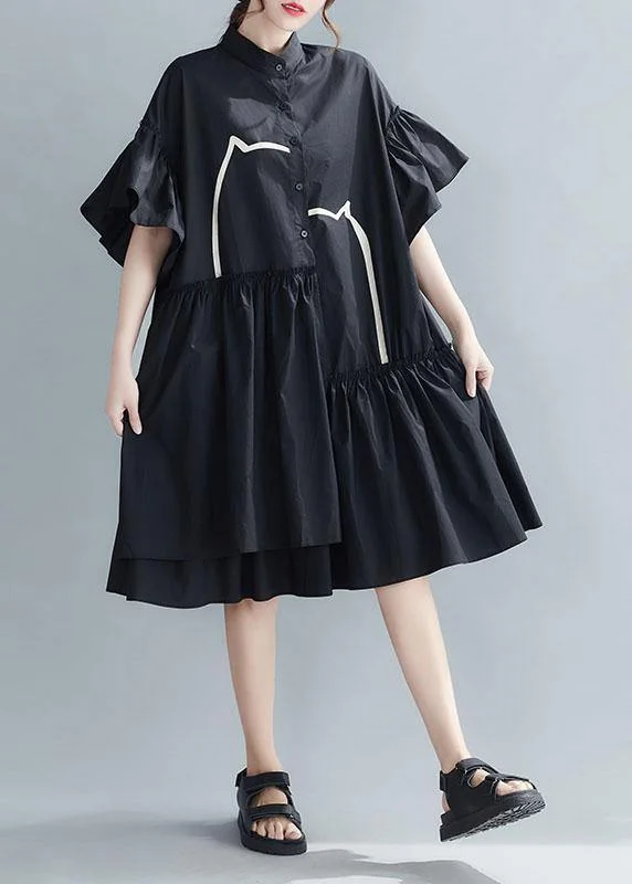 Bohemian Black Loose Patchwork Ruffles Summer Long Dress Pencil Office Professional
