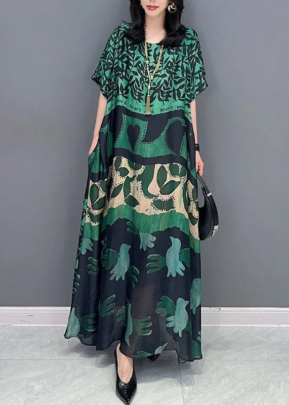 Bohemian Green O Neck Pockets Print Patchwork Silk Long Dresses Summer Tunics Spring floral Bohemian Green O Neck Pockets Print Patchwork Silk Long Dresses Summer Tunics Spring floral