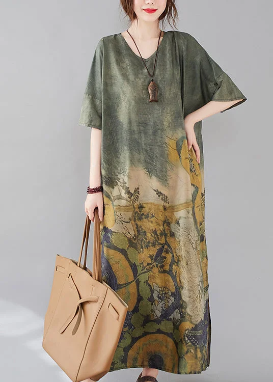 Bohemian Green O-Neck Print Side Open Long Dress Short Sleeve Tunics Ceremony elegant Bohemian Green O-Neck Print Side Open Long Dress Short Sleeve Tunics Ceremony elegant
