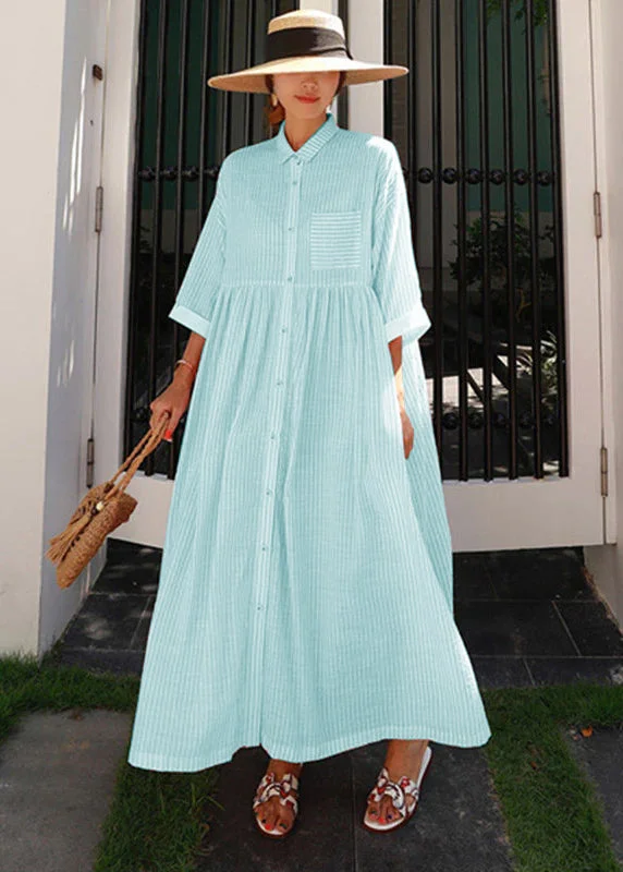 Bohemian Green Peter Pan Collar Striped Button Pockets Wrinkled Long Dresses Half Sleeve Tunics Hiking breathable Bohemian Green Peter Pan Collar Striped Button Pockets Wrinkled Long Dresses Half Sleeve Tunics Hiking breathable