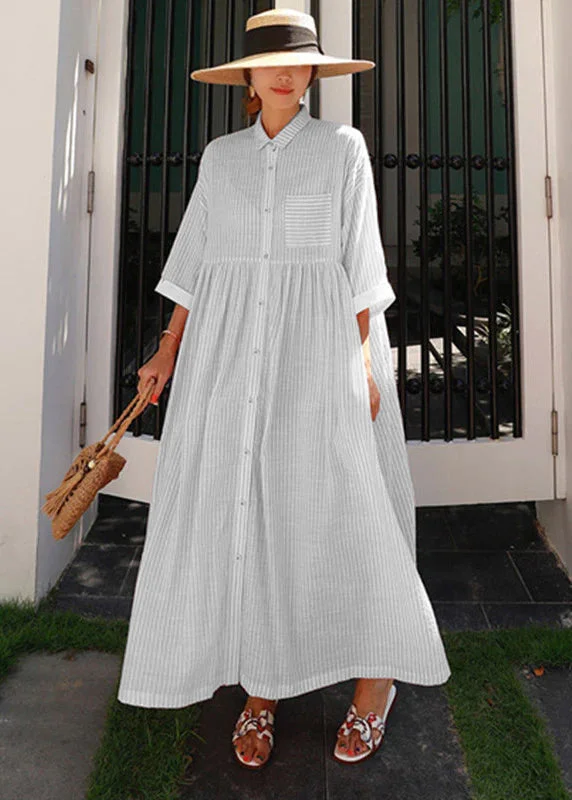 Bohemian Grey Peter Pan Collar Striped Button Pockets Wrinkled Long Dresses Half Sleeve Tunics Business professional Bohemian Grey Peter Pan Collar Striped Button Pockets Wrinkled Long Dresses Half Sleeve Tunics Business professional