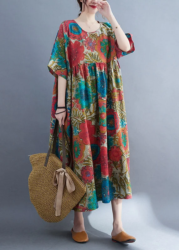 Bohemian Red O-Neck Cinched Print Linen Long Dress Short Sleeve Tunics Custom made