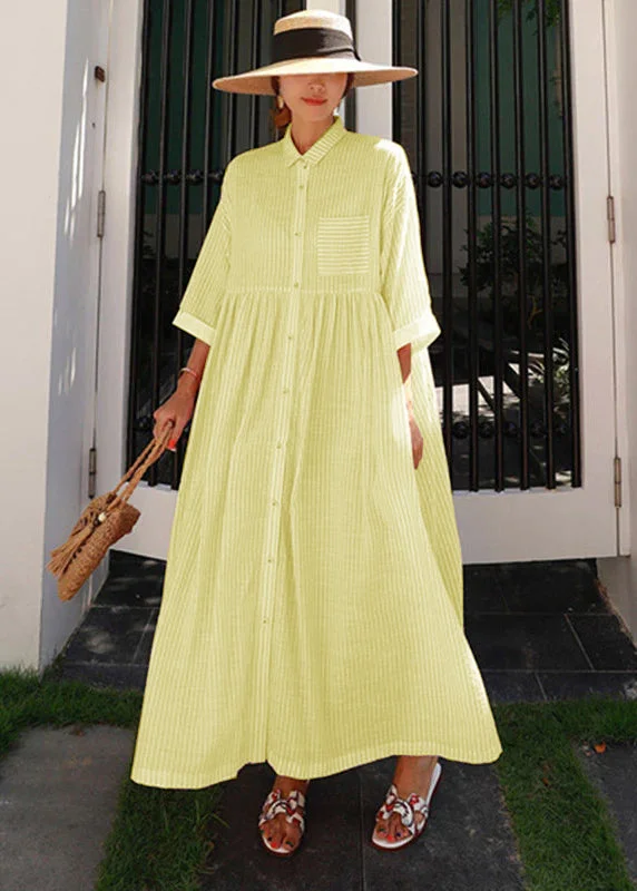 Bohemian Yellow Peter Pan Collar Striped Button Pockets Wrinkled Long Dresses Half Sleeve Tunics Office stylish Bohemian Yellow Peter Pan Collar Striped Button Pockets Wrinkled Long Dresses Half Sleeve Tunics Office stylish