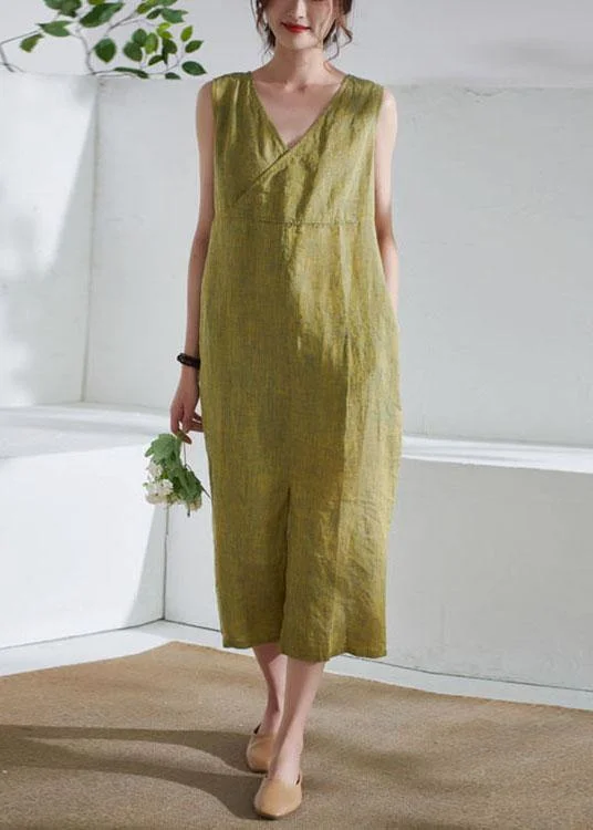 Bohemian Yellow Pockets Patchwork Summer Linen Long Dress Sleeveless Tunics Practical easy-care