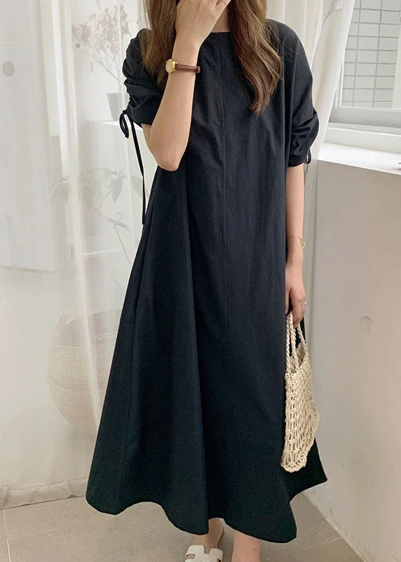 Boho Black O-Neck Drawstring Cotton Long Dress Summer Tunics Trendy modern