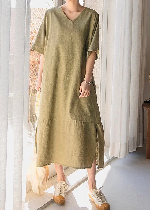 Boho Light Green O-Neck Patchwork Long Dresses Summer Tunics Plaid country