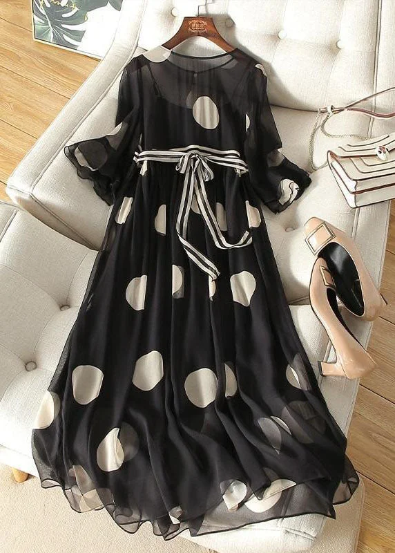 Boutique Black O-Neck Tie Waist Dot Print Chiffon Long Dresses Flare Sleeve Tunics Recommended stylist Boutique Black O-Neck Tie Waist Dot Print Chiffon Long Dresses Flare Sleeve Tunics Recommended stylist