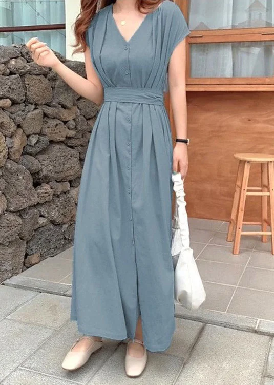Brief Blue V Neck Tie Waist Button Solid Long Dress Short Sleeve Boat Neckline Classic Brief Blue V Neck Tie Waist Button Solid Long Dress Short Sleeve Boat Neckline Classic