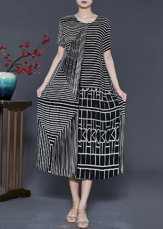 Casual Black Striped Wrinkled Chiffon Long Dresses Summer Tunics Chinos classic