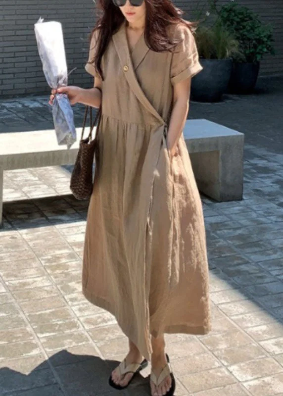 Chic Khaki Peter Pan Collar Patchwork Linen Long Dress Short Sleeve Tunics Winter warm Chic Khaki Peter Pan Collar Patchwork Linen Long Dress Short Sleeve Tunics Winter warm
