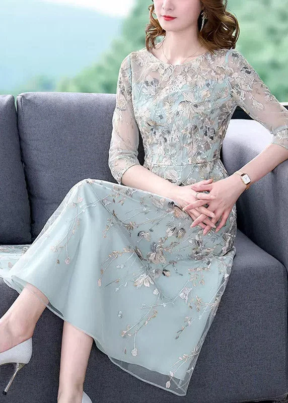 Chic Water Blue O-Neck Embroidered Floral Tunic Organza Long Dress Half Sleeve Tunics Modern contemporary Chic Water Blue O-Neck Embroidered Floral Tunic Organza Long Dress Half Sleeve Tunics Modern contemporary