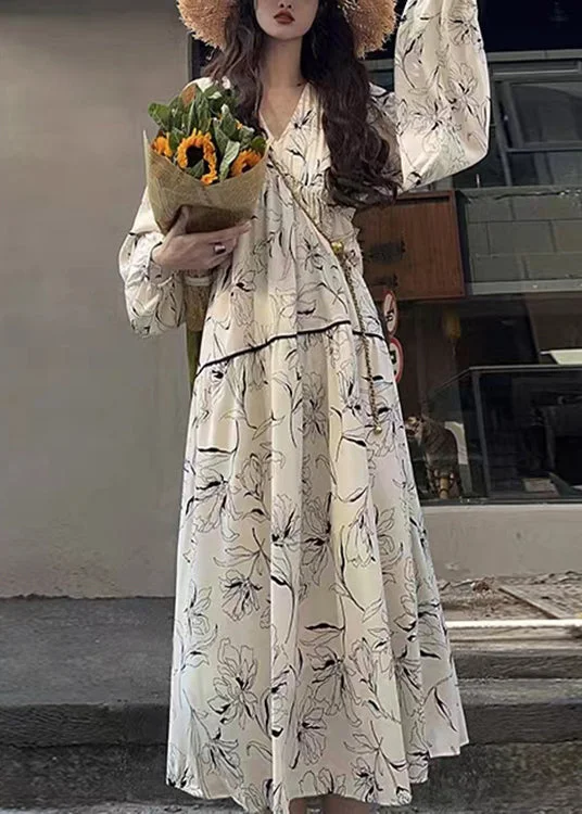 Chic White V Neck Print Wrinkled Patchwork Cotton Long Dresses Fall Tunics Fleece cozy