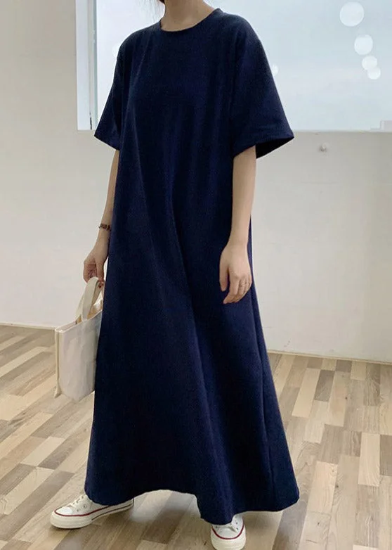 Classy Blue Solid Cotton Long Dresses Summer Tunics Fleece cozy
