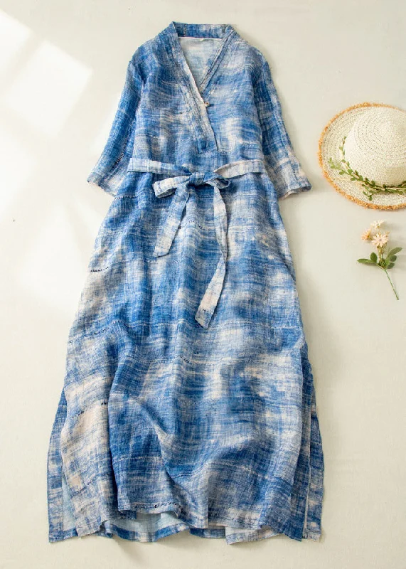 Classy Blue Tie Dye Side Open Tie Waist Linen Long Dresses Summer Tunics Exclusive limited Classy Blue Tie Dye Side Open Tie Waist Linen Long Dresses Summer Tunics Exclusive limited