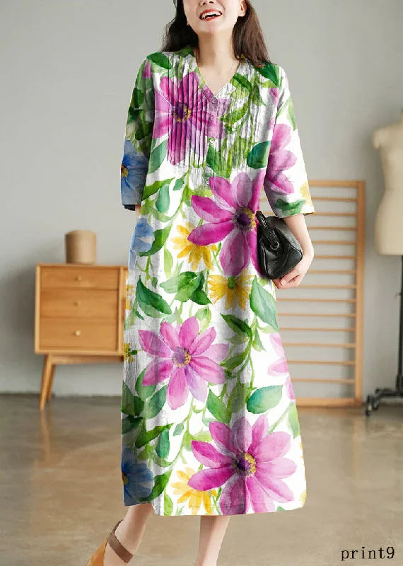 White Print9 Loose Linen Long Dresses Button Solid Half Sleeve Tunics Versatile stylish White Print9 Loose Linen Long Dresses Button Solid Half Sleeve Tunics Versatile stylish