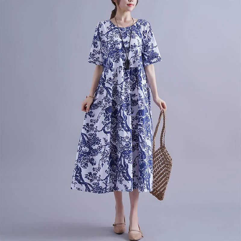 Cotton Dress Temperament Ethnic Style Age-reducing Spring and Summer Plus Size Women's Loose and Thin Long DRESS Tunics Leisure comfortable Cotton Dress Temperament Ethnic Style Age-reducing Spring and Summer Plus Size Women's Loose and Thin Long DRESS Tunics Leisure comfortable