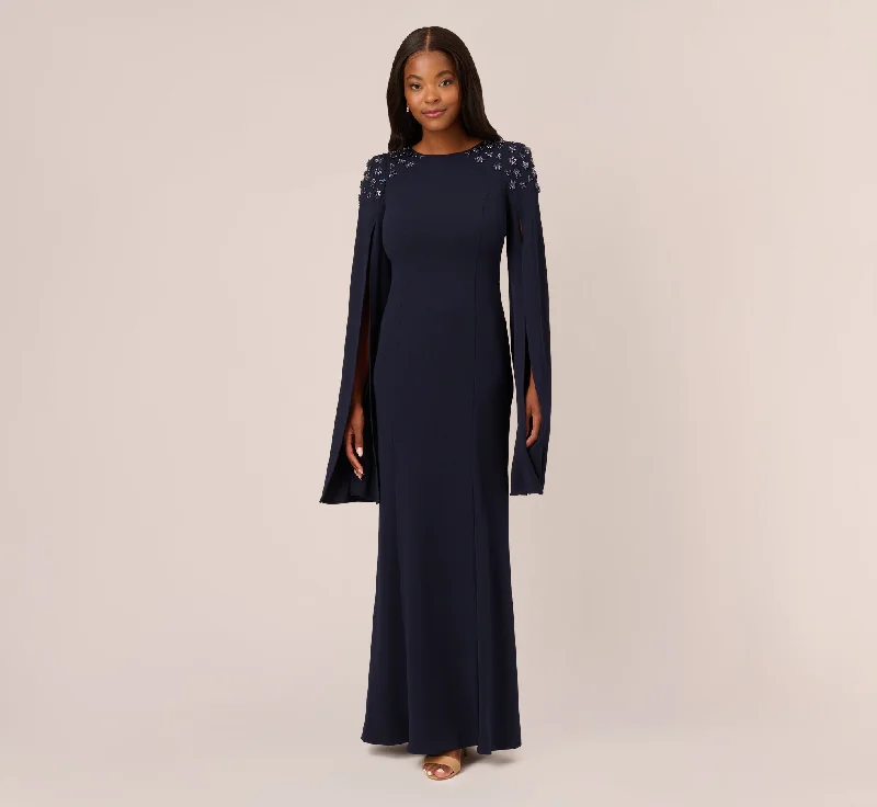 Crepe Mermaid Gown With Beaded Cape Sleeves In Midnight Tunics Bestseller popular