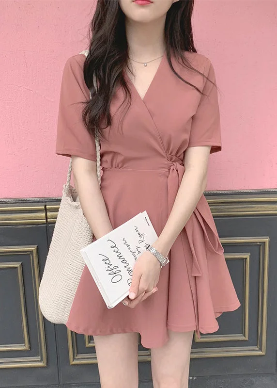 Cute Brick Red Bow Tie Waist Mid Dress Summer Tunics Versatile all-occasion