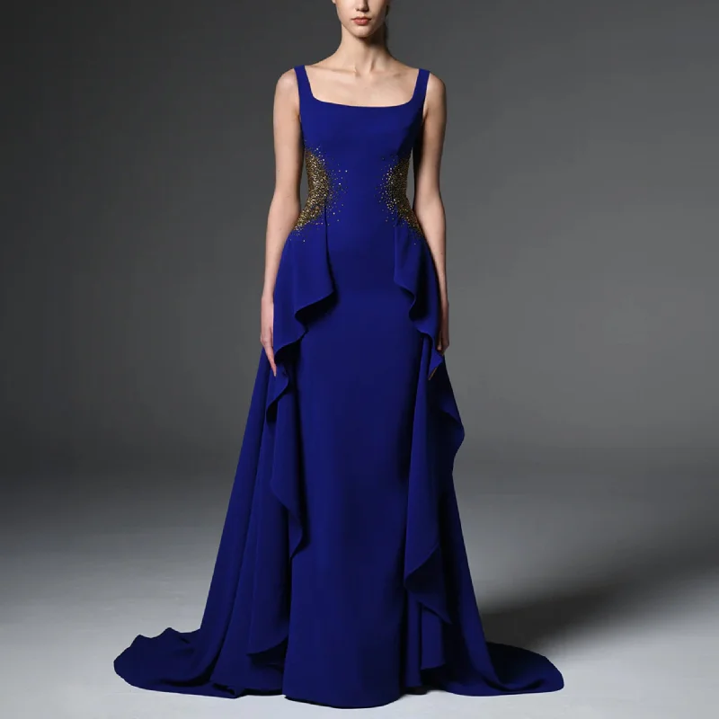 Dark Blue Crepe Dress Embroidered On The Waist Tunics Cozy soft