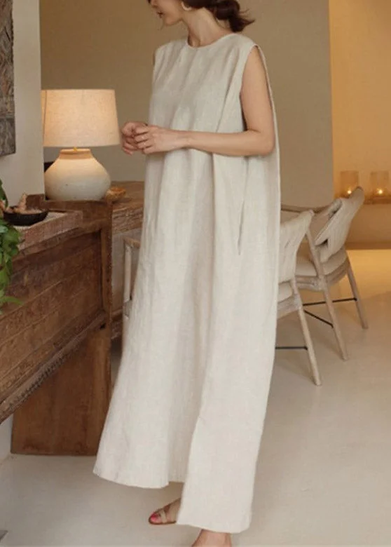 DIY Apricot O-Neck Linen Long Dresses Summer Tunics Silk luxurious
