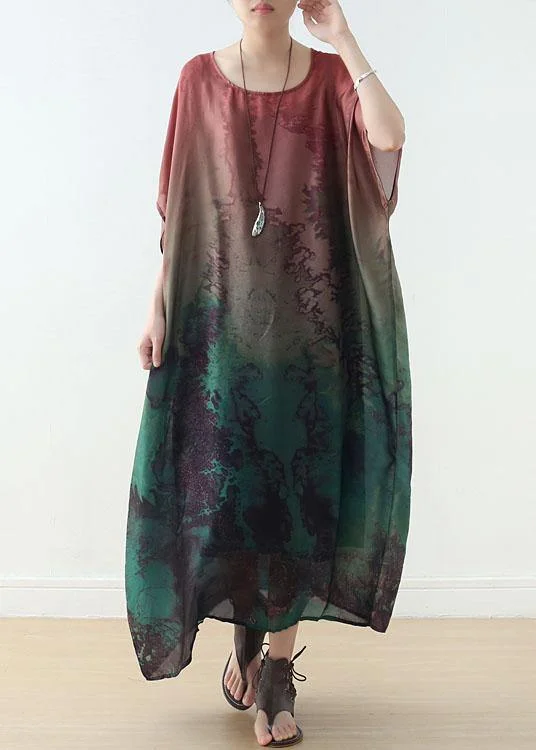DIY Green Print Chiffon Batwing Sleeve Summer Long Dresses Tunics Top rated