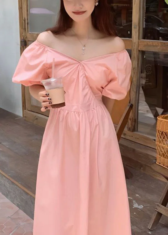 DIY Pink V Neck Wrinkled Patchwork Cotton Long Dress Summer Tunics Chic elegant