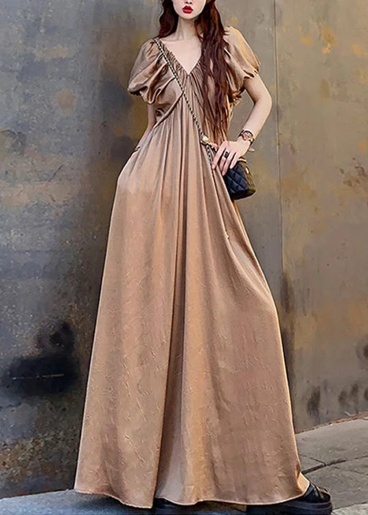 Elegant Coffee V Neck Wrinkled Patchwork Cotton Long Dresses Summer Tunics Review highly