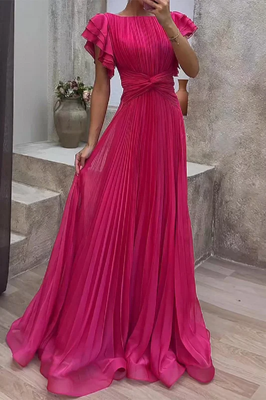 Elegant Solid Fold O Neck Waist Skirt Dresses Tunics Business professional